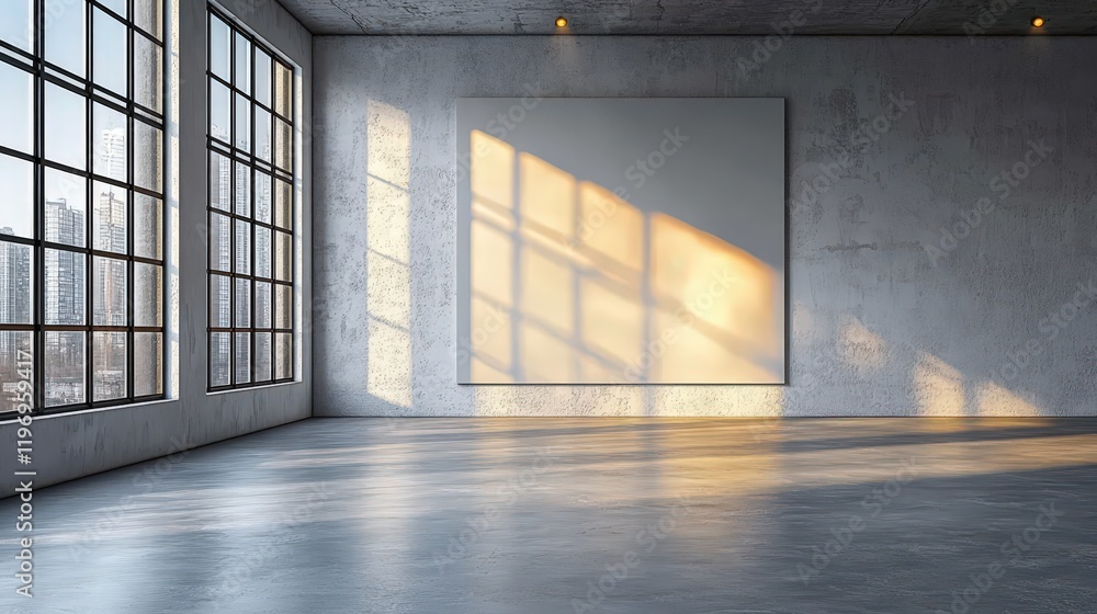 Poster bright empty room with large blank wall and urban view through windows ideal for art showcase or dis