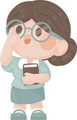 happy senior teacher teaching at school holding book and touch eye glass. employee presenting project. Online tutor character illustration. professor at university  