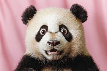 Obraz premium Close-up shot of a panda bear on a bright pink background