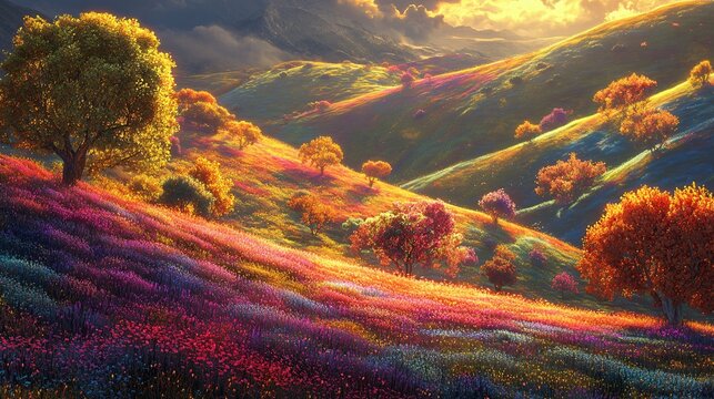 A surreal valley filled with glowing trees and rolling hills of multicolored grass