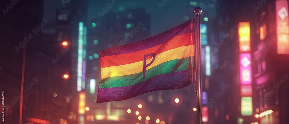 Poster hyper-realistic pride flag with vibrant colors in urban setting