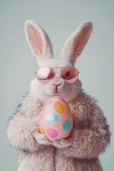 Fototapeta premium A stylish Easter bunny wearing trendy sunglasses and holding a colorful glittery Easter egg, set against a soft pastel background