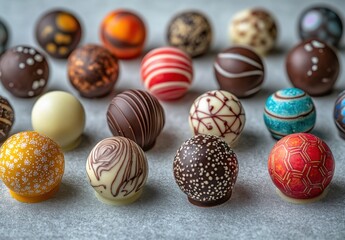 Fototapeta premium Colorful Assortment of Gourmet Chocolate Truffles on a Gray Surface Showcasing Various Designs and Textures Perfect for Food Photography and Culinary Art