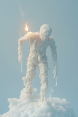 melting human-shaped candle with a lit flame on top, symbolizing fragility and transience