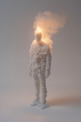 melting human-shaped candle with a lit flame on top, symbolizing fragility and transience