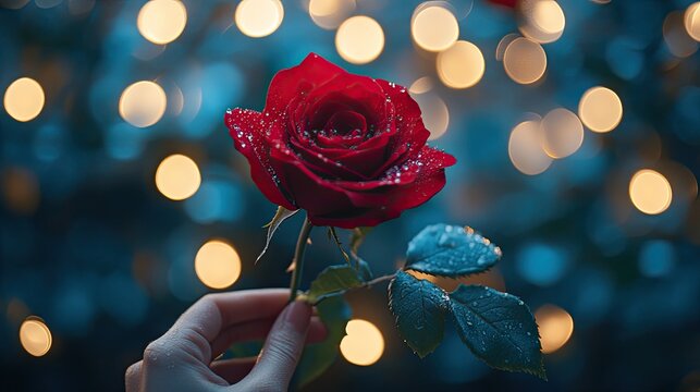 Close-Up of Hand Holding a Single Red Rose with Water Droplets for Romantic Impact