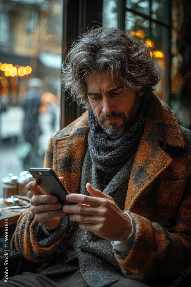 Poster a person sitting at a table with a cell phone, possibly checking messages or browsing the internet