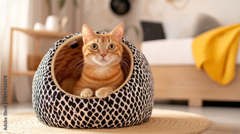 Poster a contemporary cat house made of fabric and wood, featuring playful patterns and textures, set in a 