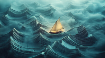 sailboat navigating through waves made of book pages, symbolizing storytelling, imagination, and the journey of knowledge
