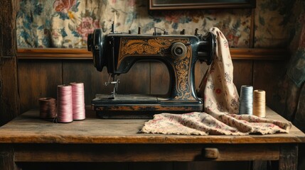 An antique sewing machine on a wooden table with fabric,