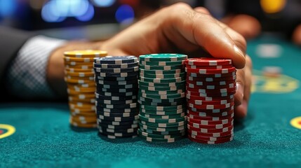 Naklejka premium Close-Up of Hands Holding a Stack of Colorful Poker Chips at a Casino Table Ready for Play and Strategy in a High-Stakes Gambling Environment