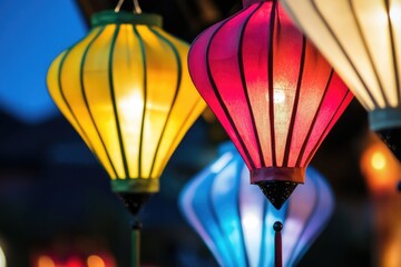 Obraz premium A bunch of colorful lanterns hanging from a ceiling