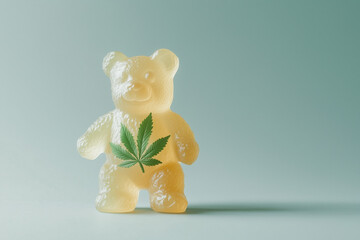 close-up of a translucent gummy bear with a cannabis leaf design on its chest, set against a soft pastel background