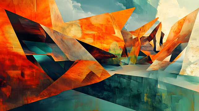 A fragmented landscape made up of overlapping polygons in warm tones of orange and red, balanced by cool blues and greens to create a sense of rhythm and harmony 