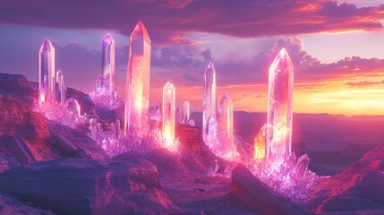 A magical canyon filled with glowing crystal formations and pastel skies