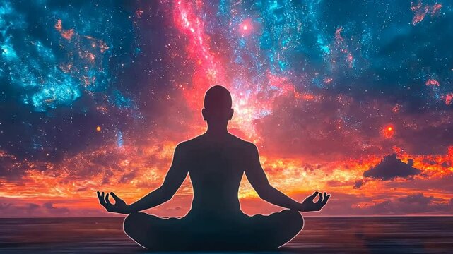 Person meditating starry sky.Silhouette vibrant cosmos.Situated serene,natural setting.Evening meditation brings peace.Merging mindfulness universe's energy.Tranquility cosmic backdrop.