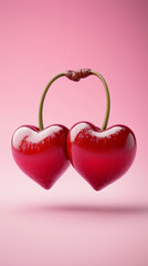 two cherries hearts shaped, pastel pink background. Valentines Day themes, love concepts