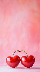 two cherries hearts shaped, pastel pink background. Valentines Day themes, love concepts