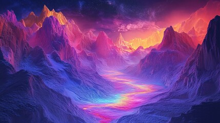 A fantastical valley glowing with multicolored rivers and radiant glowing cliffs