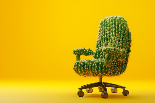 Office chair made of cactuses. Uncomfortable situation, hemorrhoids concept. Cactus leather, sustainable vegan alternative to animal leather. Green eco living, cruelty-free