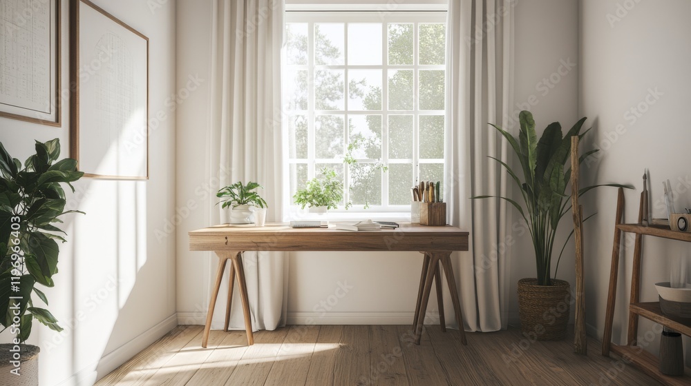 Poster a minimalistic study corner with a wooden desk, a large window letting in natural light, and a few c