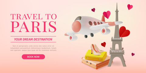 3d Travel and Tourism to Paris Concept Ads Banner Poster Card. Vector illustration of Tower with Plane and High Heels