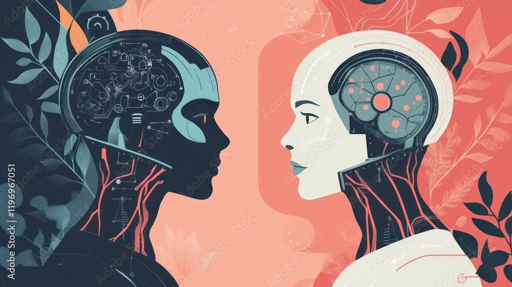 Poster two ai robots face each other, showcasing internal circuitry and floral design elements.