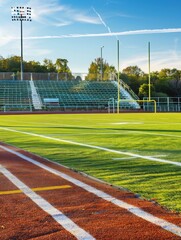 Fototapeta premium Athletic Field Stadium Green Grass Track and Field Day Sunny Sky Outdoor Sport