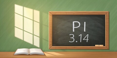 Chalkboard displaying Pi symbol and value 3.14 with a book on a wooden table in a classroom
