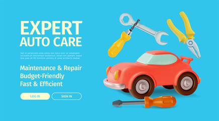 Fototapeta premium 3d Expert Auto Care Concept Ads Banner Promotion Poster Card. Vector illustration of Checking Car and Tools Floating Around