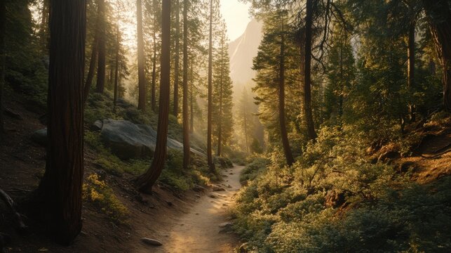 Golden Sunlight Forest Trail Majestic Redwood Trees, Hiking Path