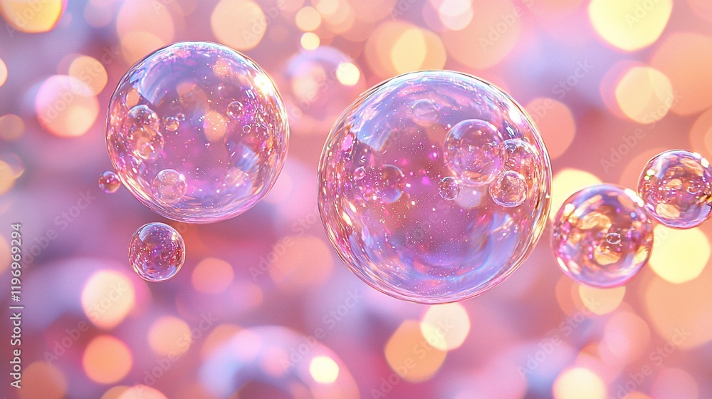 Aufkleber pink iridescent bubbles floating against a bokeh background.