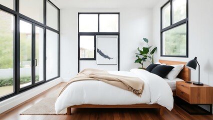 Obraz premium Minimalist modern bedroom large windows natural light white walls wooden bed frame