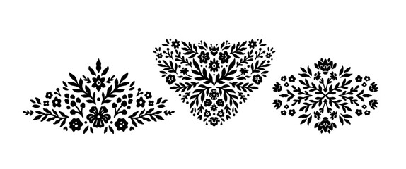 Decorative Floral Symmetrical Ornament Set. Collection Ethnic Flourish Stencil in Geometric Shapes. Floral Rhombus, Oval Vector Illustration isolated on White Background. Flower Damask Pattern Print.