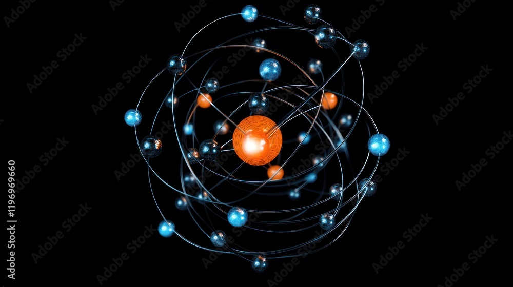 Poster 3d model of an atom with electrons orbiting a nucleus.