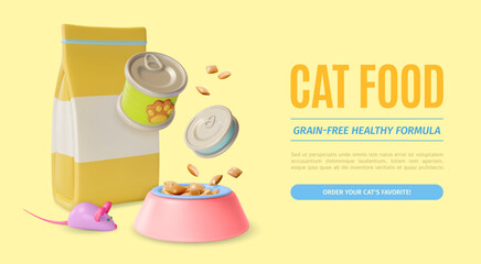 3d Cat Food Pet Shop Concept Ads Banner Promotion Poster Card. Vector illustration of Product Paper Bag, Plate and Mouse Toy