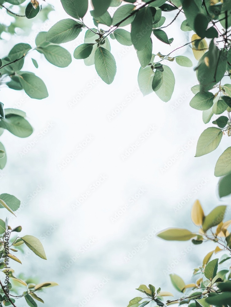 Poster lush green leaves framing a tranquil sky in a serene and peaceful setting ready for text. generative