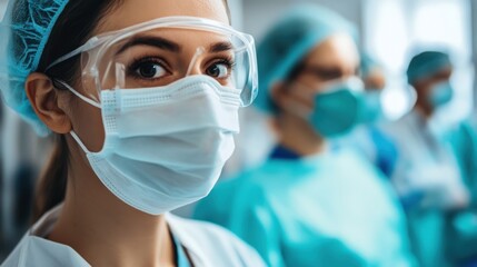 Doctors in a hospital wearing masks and protective gear treating patients,
