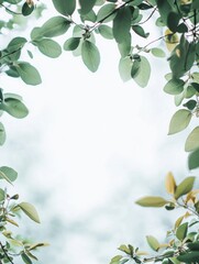 Fototapeta premium Lush green leaves framing a tranquil sky in a serene and peaceful setting ready for text. Generative AI