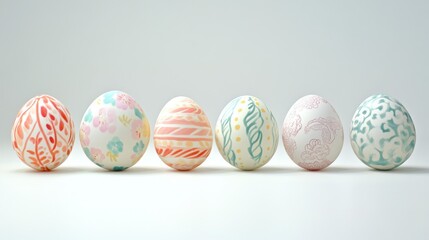 Obraz premium A soft white background with a collection of delicate Easter eggs scattered across the canvas, each egg painted in pastel shades and adorned with intricate floral patterns. 