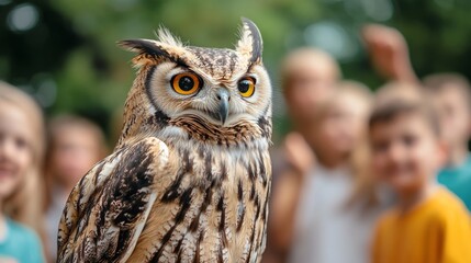 Obraz premium A majestic owl with a group of children, observing it closely. Festival of Owls Week. Birdwatching