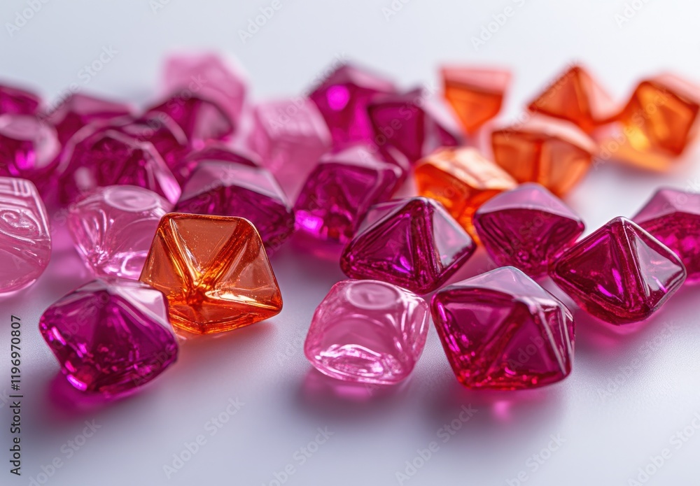 Poster colorful candy-like gems in various shapes and transparent hues spread across a soft surface creatin