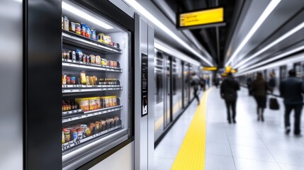 A vending machine filled with snacks and drinks in a busy subway station.