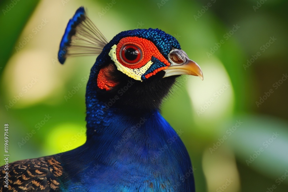 Poster close-up view of a blue bird with a distinctive red crown or crest