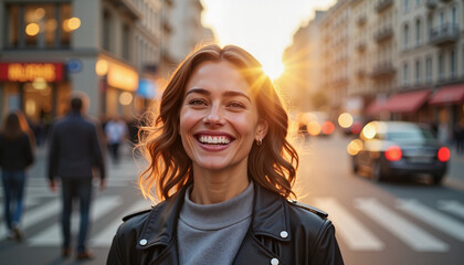 Fototapeta premium Delighted woman smiling on bustling street at dawn, joy and warmth