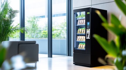 A modern vending machine in a bright, airy lobby surrounded by plants and large windows.