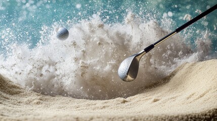A golf club mid-swing, just after striking a ball in a sand bunker, with sand erupting in a wave.