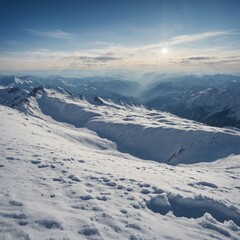 Naklejka premium A vast snowfield stretching from a high mountain range down to a valley, all under a soft white sky that blends seamlessly with the snow.