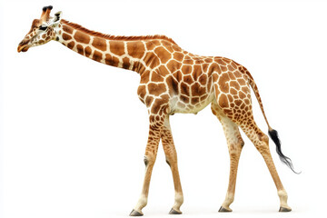 Fototapeta premium Giraffe walking, isolated on white background Distinctive coat pattern.