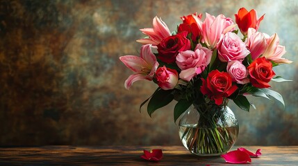 Lush Bouquet of Red and Pink Roses, Tulips, and Lilies for a Romantic Occasion
